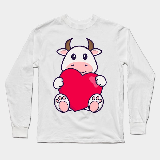 Cute cow holding a big red heart. Long Sleeve T-Shirt by kolega